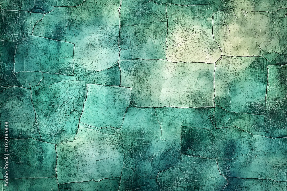 Poster an abstract texture featuring a mosaic of teal and green hues, with intricate lines and patterns tha