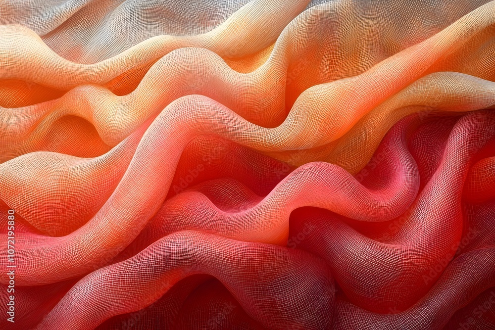 Poster an abstract close-up of flowing waves in vibrant shades of orange, red, and cream, creating a soft a