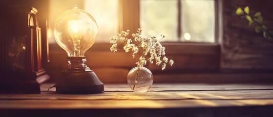 Cozy home decor with warm lighting and delicate flowers