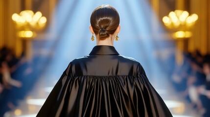 Obraz premium Elegance Personified: A Back View of a Model in a Dramatic Black Outfit with Stunning Lighting at a Fashion Show, Capturing the Essence of High Fashion and Style