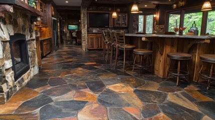 Rustic kitchen with a stone fireplace and a large island with bar stools.