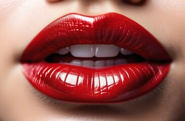 Obraz premium Red lips close-up. Beautiful sexy parted lips of a young girl. White, straight teeth. Advertising of decorative cosmetics, lipstick. Feminine beauty. Photography for a beauty and fashion magazine
