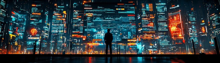 A silhouette stands before a vibrant, futuristic cityscape illuminated by neon lights and digital displays, embodying a sense of wonder and exploration.