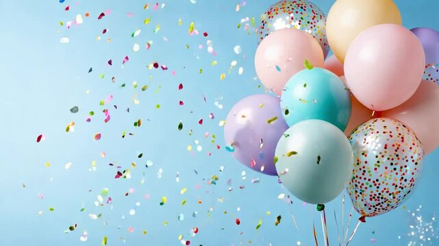 Lively balloons float against a blue background as colorful confetti bursts in a joyful celebration, ideal for special events and parties