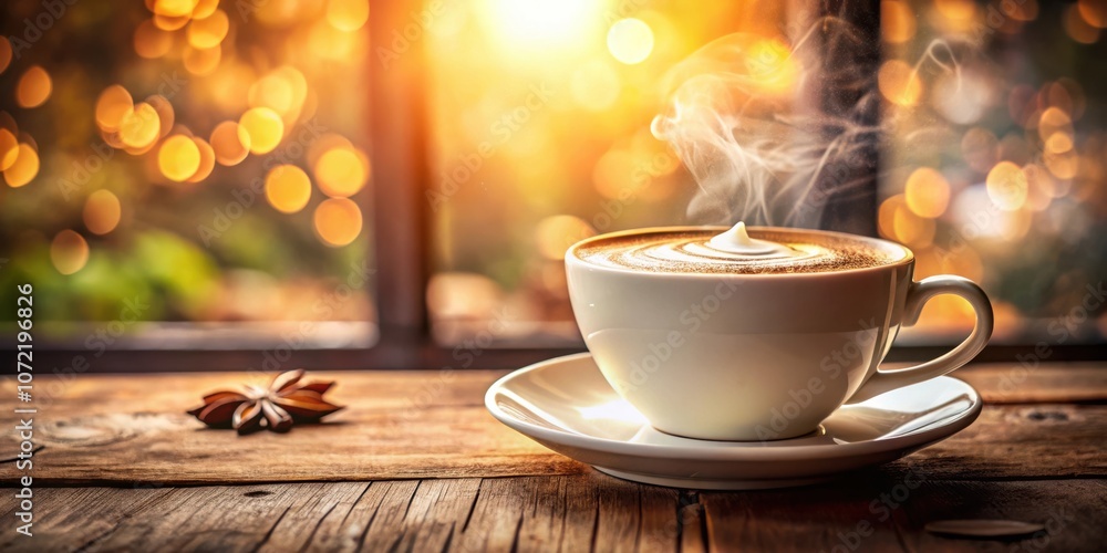 Poster a steaming cup of coffee with latte art on a wooden table in front of a window with bokeh lights