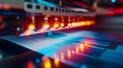 Naklejka premium High-tech Printing Process with Vibrant LED Lights Displaying Colors and Patterns for Modern Digital Production in Industrial Environment