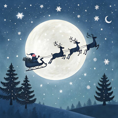 Naklejka premium A magical scene of Santa flying in his sleigh, surrounded by twinkling stars and fluffy clouds.