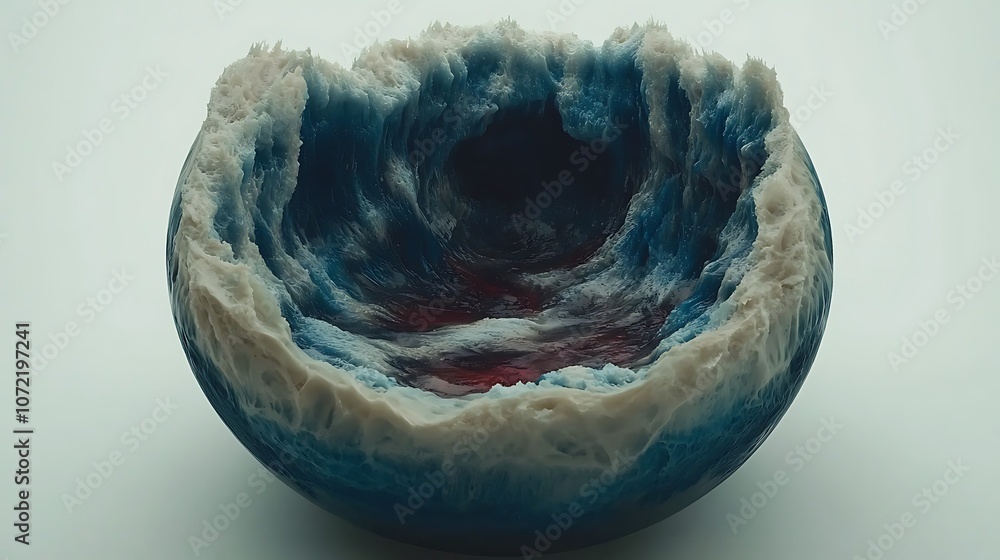 Poster captivating round view of an underwater volcano in vivid colors, displaying dynamic waves and erupti