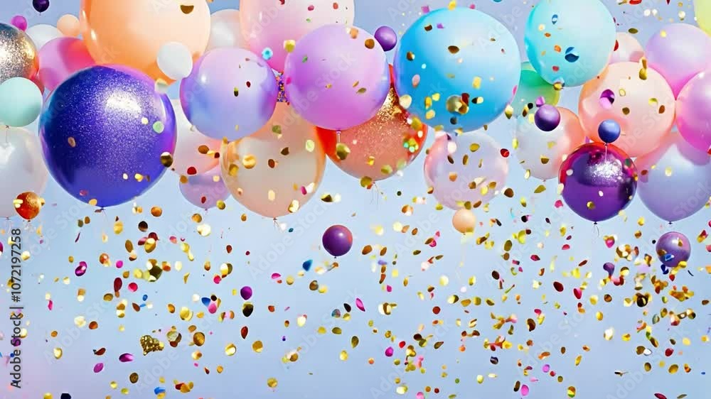 Poster a vibrant array of balloons and sparkling confetti fills the air, creating a joyful celebration over
