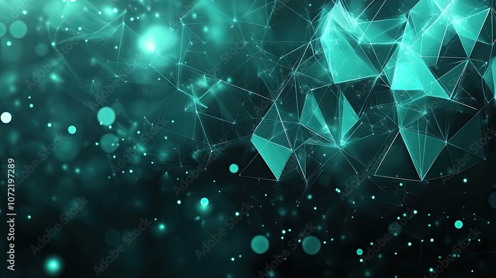 Poster abstract teal glowing polygonal network with bokeh on dark background.
