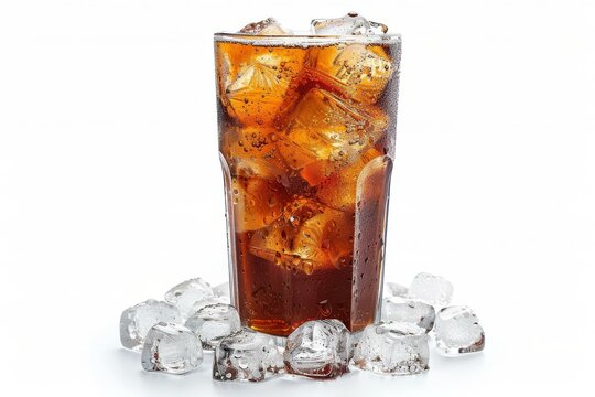 A glass of cola with ice cubes