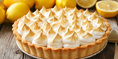 A luscious lemon meringue pie with toasted peaks sits among fresh lemons on a rustic wooden surface.