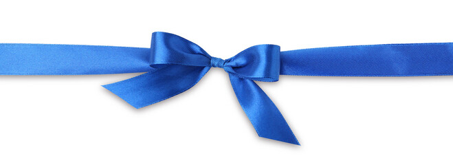 Beautiful blue ribbon with bow isolated on white, top view