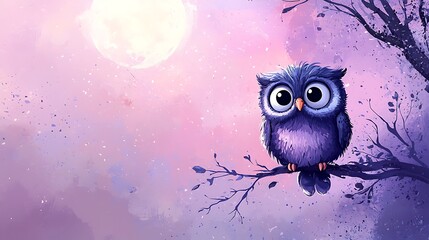 Obraz premium Adorable Baby Owl Cartoon Sitting on a Tree Branch Under a Mystical Moonlit Sky in Soft Pastel Colors, Ideal for Children's Decor and Fantasy Themes