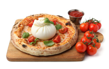 Delicious pizza with burrata cheese, basil, sauce and tomatoes isolated on white