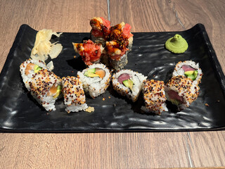 Sushi plate with a selection of different sushi