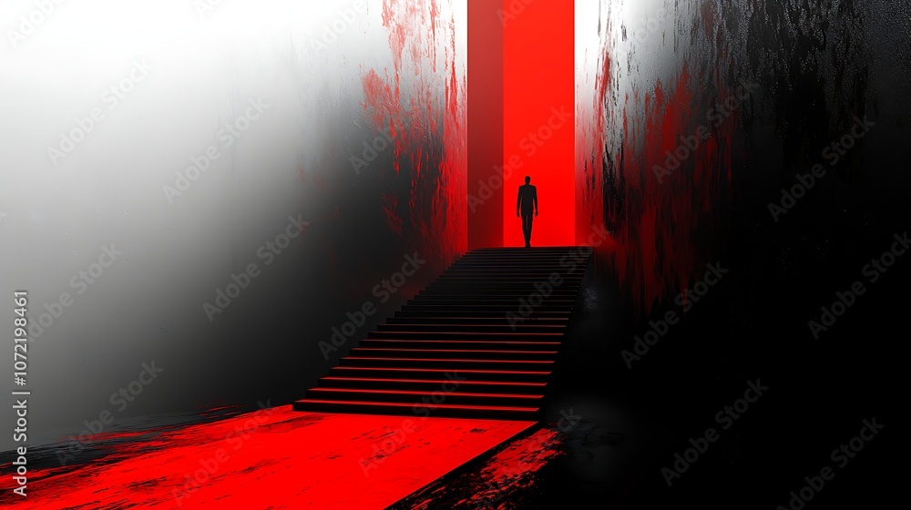 Poster striking symmetrical staircase with red elements leading to a mysterious figure in a shadowed black 