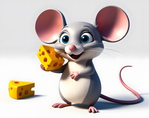 A 3D illustration of a mouse happily nibbling on a piece of cheese, showcasing a playful scene