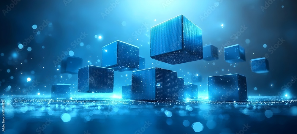 Poster an abstract digital scene featuring glowing blue cubes floating above a shimmering surface, creating