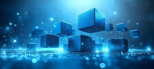 Obraz premium An abstract digital scene featuring glowing blue cubes floating above a shimmering surface, creating a futuristic and technological atmosphere.