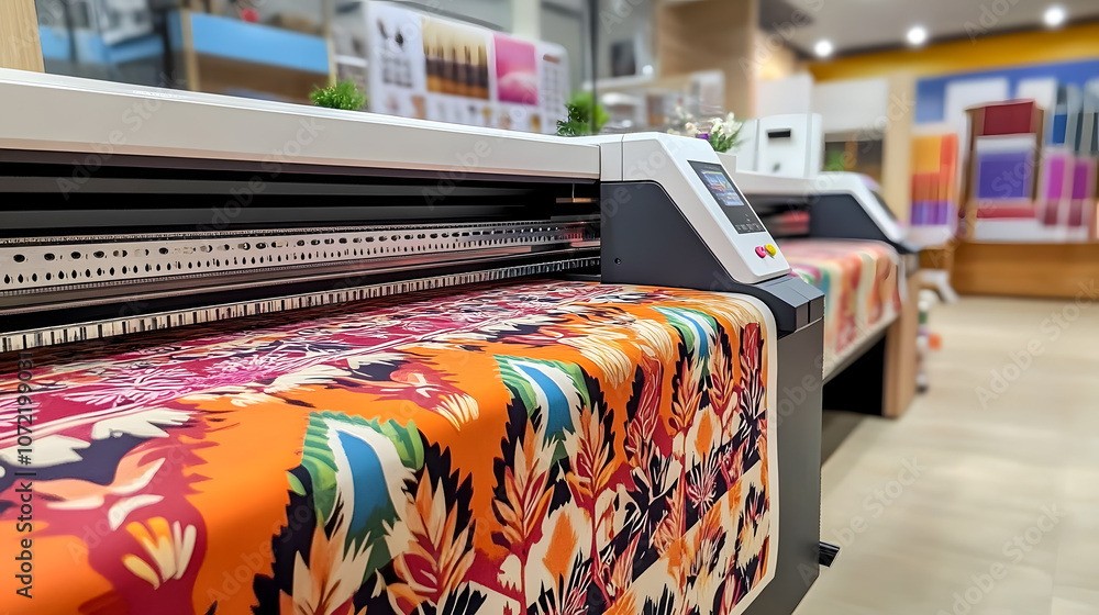 Poster high-resolution digital fabric printer in modern textile workshop showcasing vibrant patterns and co