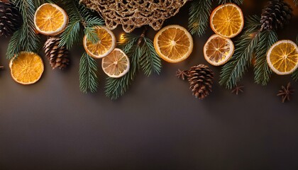 christmas tree banner,decorations from dried oranges, lemons and cones