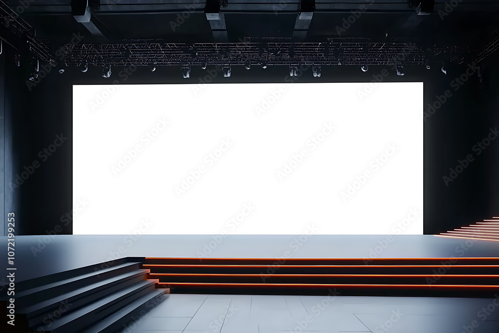 Poster perspective view on big blank white illuminated screen with place for your text or logo in empty hug