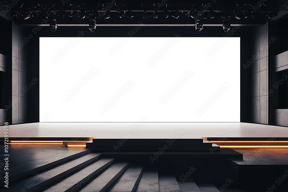 Poster perspective view on big blank white illuminated screen with place for your text or logo in empty hug