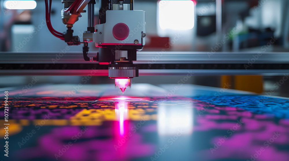 Poster high-tech laser engraver in action, illuminating colorful patterns on material surface in modern man