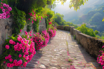 Tipica strada romantica in Italia piena di fiori