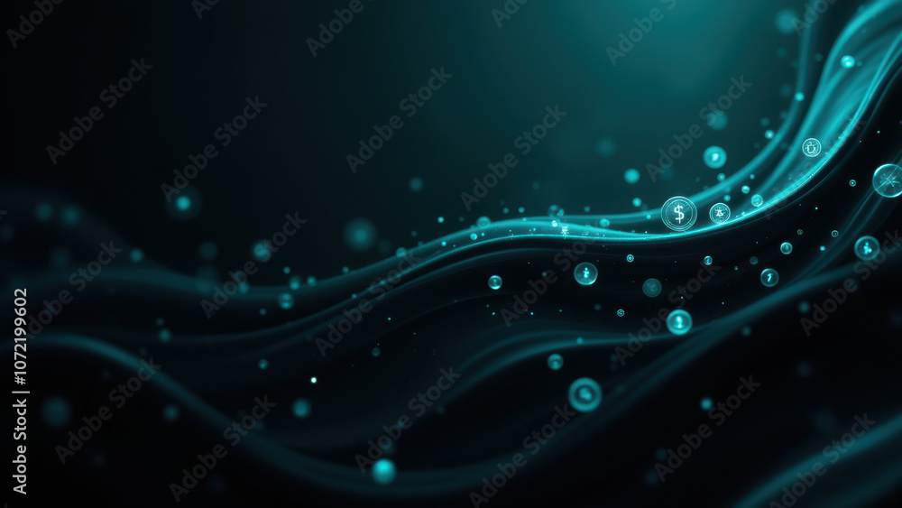 Poster liquid cryptocurrency background with bokeh circles and a dark gradient color scheme.