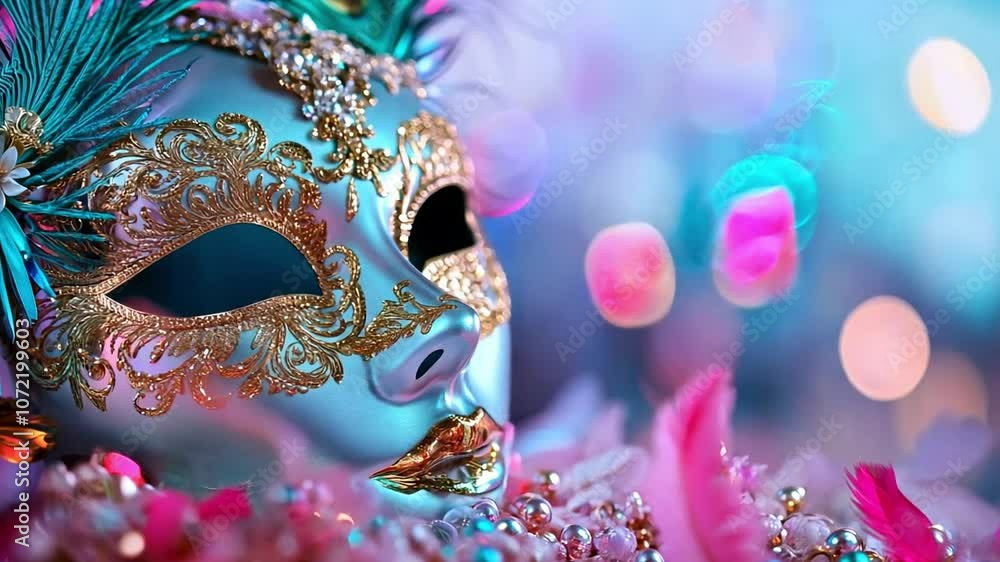 Poster an intricately designed masquerade mask with gold embellishments and colorful feathers captures the 
