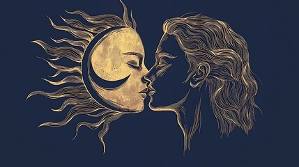 Golden Tones Vector Art Featuring Abstract Sun and Moon Embrace in Harmonious Design with Marked Artistic Flair for Nature and Celestial Themes