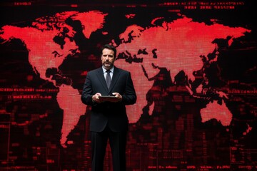 Global Businessman Stands Before Ominous World Map Background