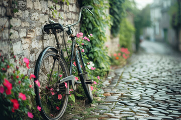 Vecchia bicicletta appoggiata ad un muro di pietra con dei fiori che le crescono intorno, in una strada tranquilla di un piccolo villaggio