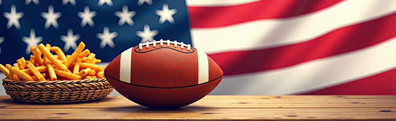 American football and fries with US flag backdrop - ideal for sports blogs, patriotic websites, game day recipes, or Fourth of July event promotions