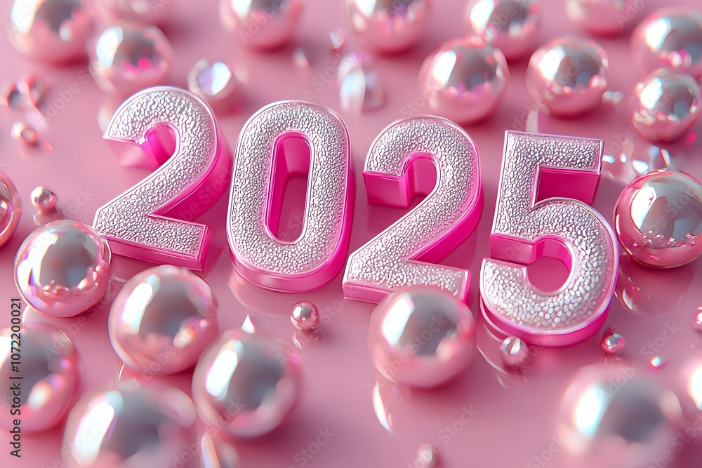 Poster creative display of 2025 in pink with shiny beads and a festive backdrop. generative ai.