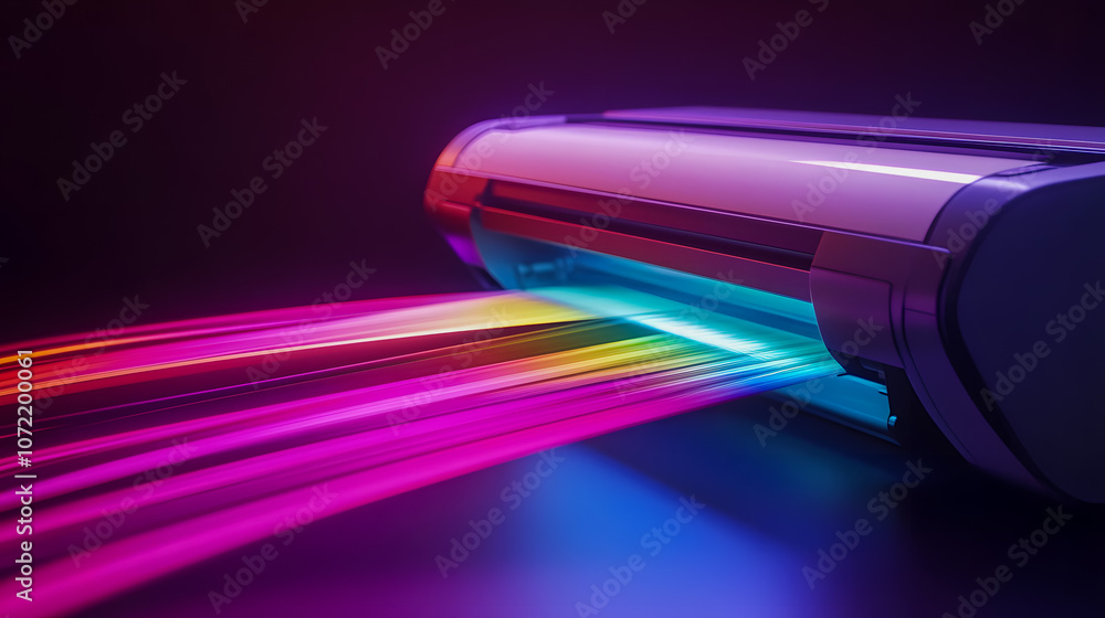 Poster modern printing technology with vibrant color streams emitting from a high-tech printer in a dark ba