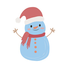 Snowman in Santa hat and scarf in flat design. Cute Christmas character. Vector illustration isolated.