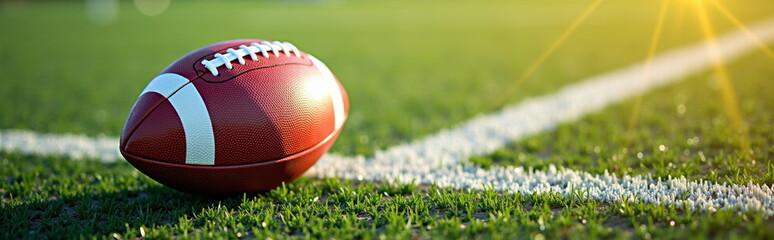 American football on sunlit field - ideal for sports blogs, fitness websites, game day promos, and motivational presentations about teamwork and goals