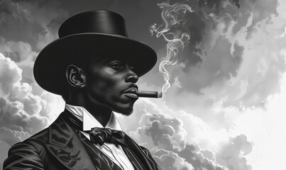 Monochrome portrait of a man in a hat and with a cigar.