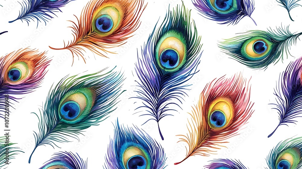 Poster elegant peacock feathers in vibrant colors uniquely arranged for a striking pattern and visual appea