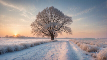Obraz premium Serene Winter Landscape with Frosty Tree at Dawn