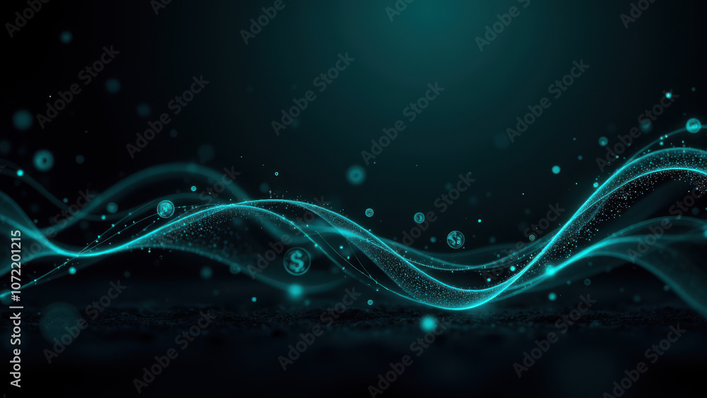 Poster futuristic digital cryptocurrency background with wavy lines and particles.