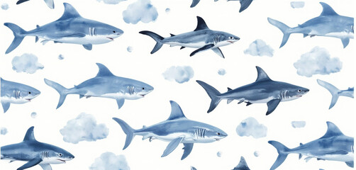 Obraz premium Watercolor sharks with blue tones in a dynamic underwater artistic pattern