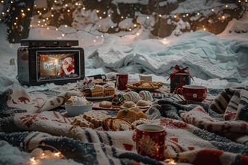 Cozy Christmas movie night setup with blankets treats and projector