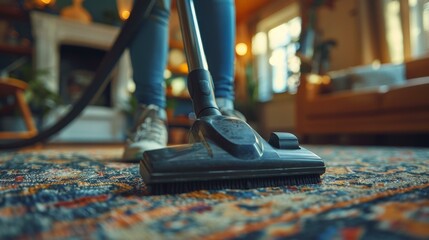 A Person Using a Vacuum Cleaner on a Carpet