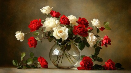 A Beautiful Arrangement of Red and White Roses in a Glass Vase with Lush Green Leaves on a Softly Textured Background, Ideal for Various Creative Projects