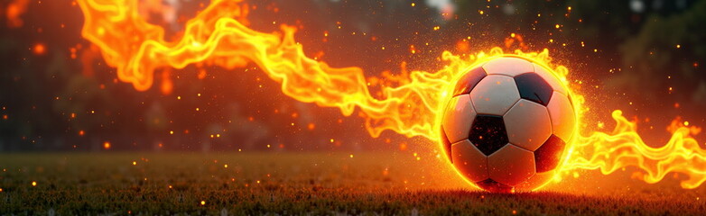 Naklejka premium Fiery soccer ball ablaze on grass field - perfect for sports blogs, energy drink ads, football websites, motivational posters, and dynamic sports presentations