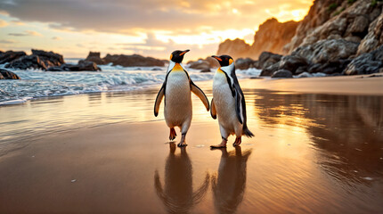 Two penguins walking along a sandy beach at sunset, their reflections shimmering on the wet sand under a warm, golden sky